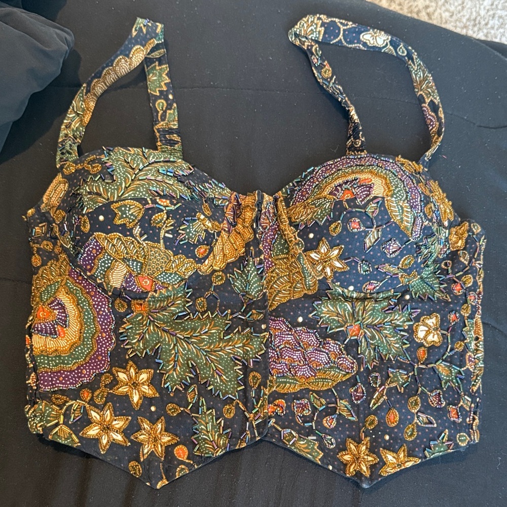 Boho Floral Embroidered Navy Crop Top